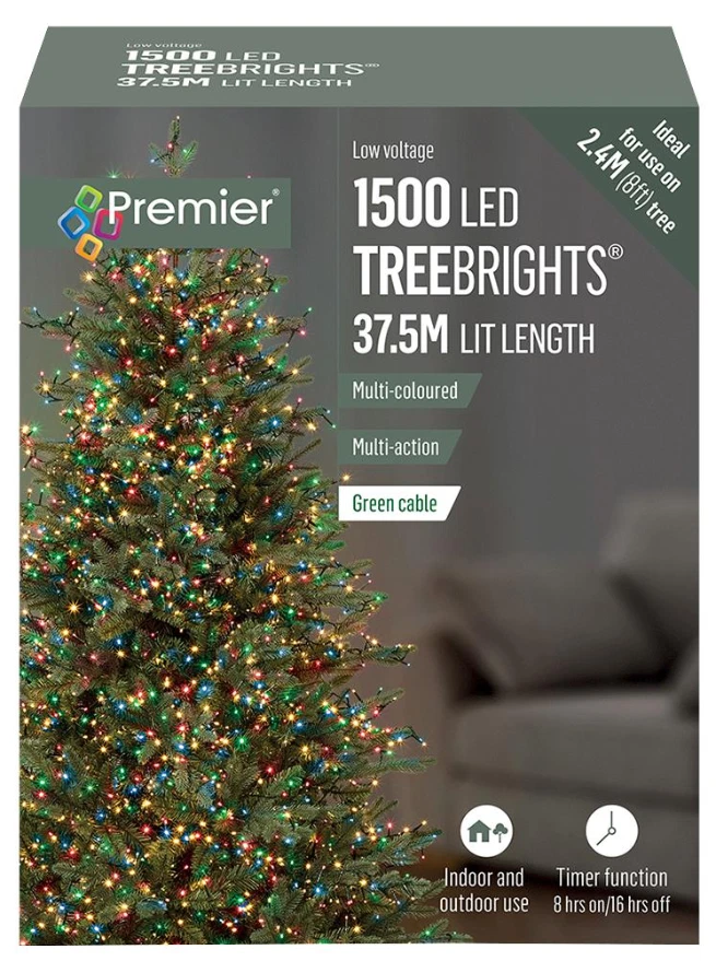 Raraion 1500 LED Multi Coloured Christmas Tree Lights with Timer 37.5m