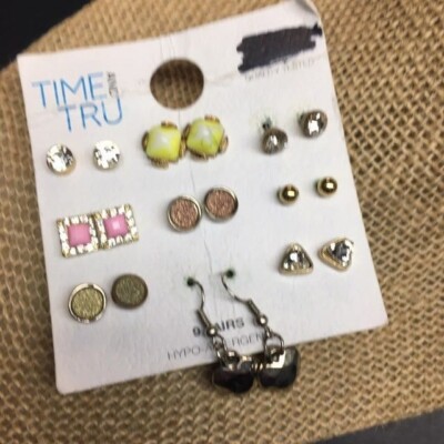 Time And Tru Earrings Lot Nine Pairs Mini Pierced Stud Dangle Pink