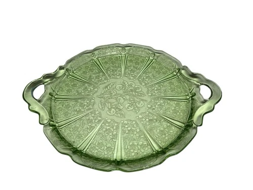 Vtg Jeanette CherryBlossom Green Walking CakePlate Serving Tray Depression Glass