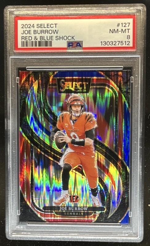 2024 Panini Select Joe Burrow Premier Red and Blue Prizm Shock #127 PSA 8