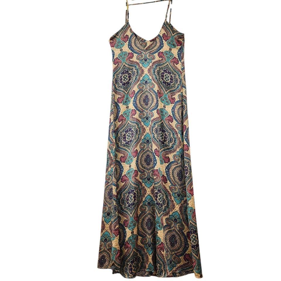 Maxi Vestido Sin Mangas Slinky Talla Pequeña Para Mujer Sedoso Paisley Gitano Bohemio Festival Foto 3 de 4
