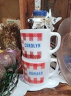 VTG Westfield Federal Milk Glass Name CAROLYN/HOWARD Red White Plaid Cup/Mug