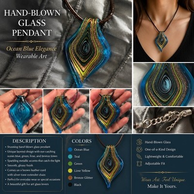 Handcrafted Teardrop Glass Pendant Necklace on Adjustable Leather Cord, Blue