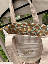 Trader Joe's Canvas Tote Bag Beige/White Striped Floral Lining 15x12x8