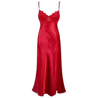 Vintage 90s Red Satin Slip Dress 1X Side Slit Sexy Lingerie Gown