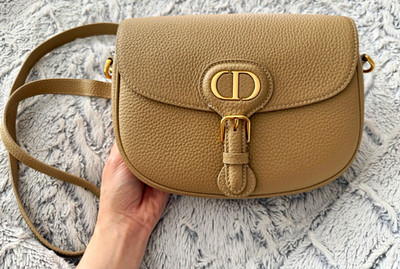 Medium Beige Pebbled Crossbody Bag Gold Hardware Buckle Adjustable Strap