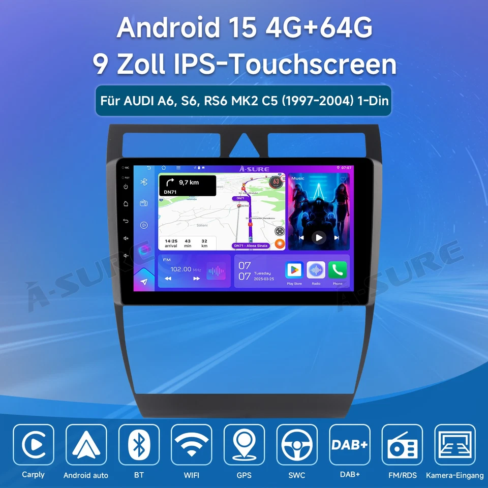 4+64G Android 15 Autoradio Navi DSP 1DIN für Audi A6 S6 4B2 4B5 4B6 C5 1997-2005 - Bild 2 von 4