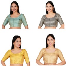 Women's Banarasi Brocade Saree Blouse Readymade Elbow Length Choli Crop Top