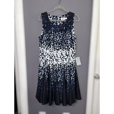 Eliza J Navy Blue White Abstract Print Flare Dress 16