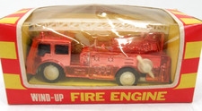 Wind-Up Fire Engine Plastic Toy Truck Raising Ladder Boxed Made in Hong Kong Vtg