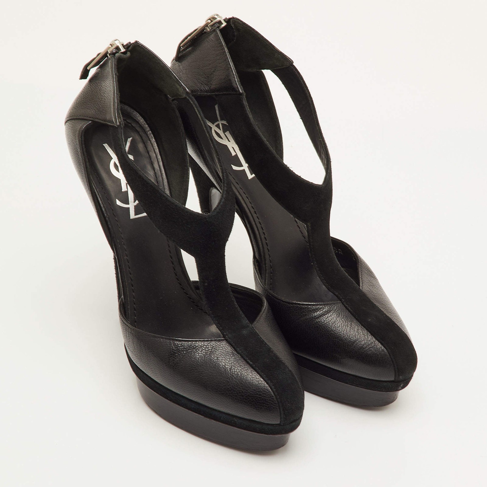 Saint Laurent Easy Y Size 38 Black Leather and Suede Platform Pumps thumbnail 4