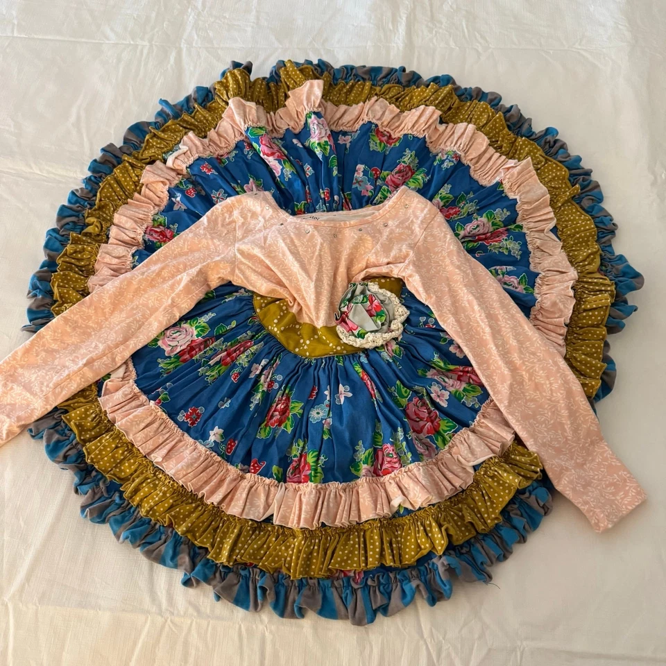 Vestido Giratorio Circular Pastel Mostaza Niñas Pequeñas Talla 4T Volantes Floral Rosa Azul Foto 4 de 4