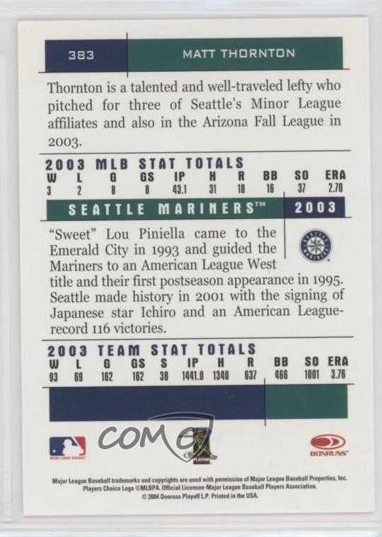 2004 Donruss Team Heroes Matt Thornton #383 - Image 2 of 2