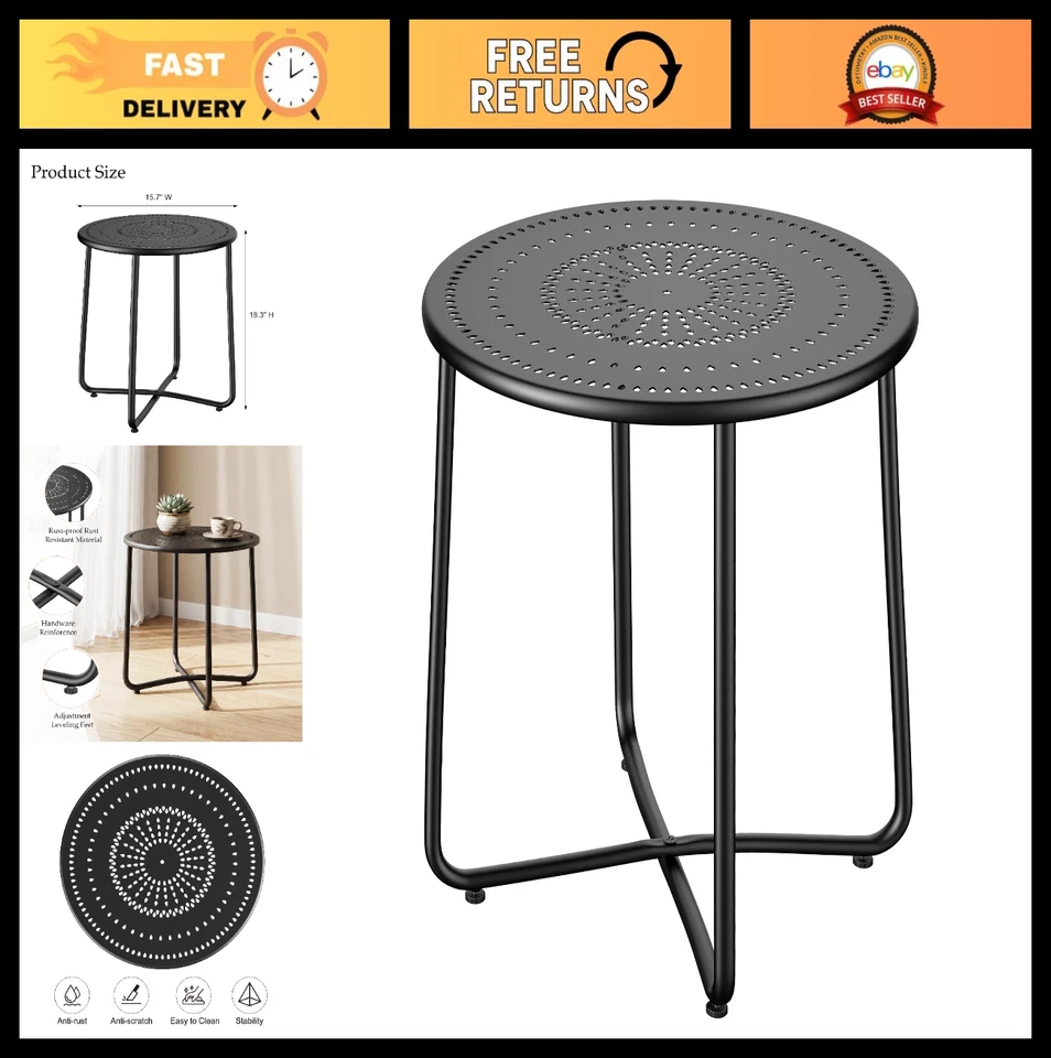 Round Black Outdoor Side Table - Small Weather Resistant Metal Patio End Table f - Image 1 of 4