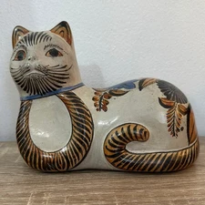 Vintage Folk Art Tonala Cat Figurine Hand Painted Mexico Pottery Brown Blue Tan