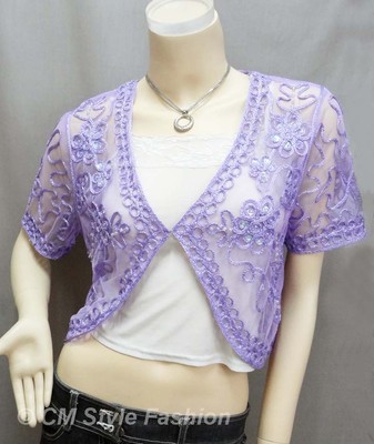 Sequined Embroidery Shrug Glam Bolero Top Purple M UK