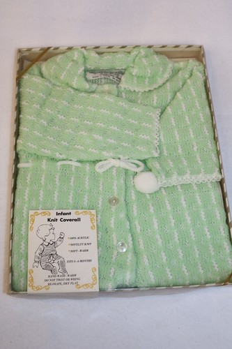 Vintage K-Mart grün weiß Strick Overall Outfit 0-6 Monate 100 % Acryl Neu im Karton - Bild 4 von 6