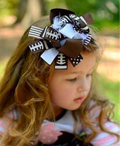 Girls Football Hair Bow, Layered Boutique OTT Hair Bow with Boa Feather Center - Picture 6 of 9