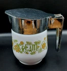 Vintage Retro Gemco Floral Cream Pitcher Milk Glass Green/Gold Flowers USA
