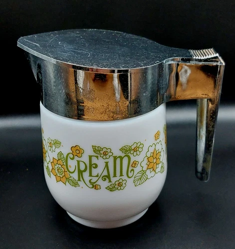 Vintage Retro Gemco Floral Cream Pitcher Milk Glass Green/Gold Flowers USA