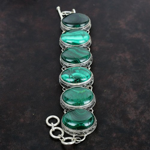 Oval Natural Malachite 925 Silver Chain Vintage Daughter Gift Bracelet Jewelry - Picture 4 of 7