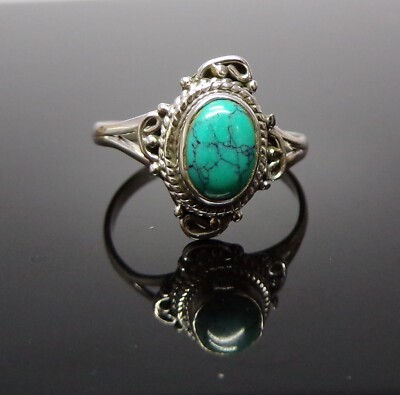 Handgefertigter 925 Sterling Silber Boho Stil Oval Türkis Stein Ring Größe R