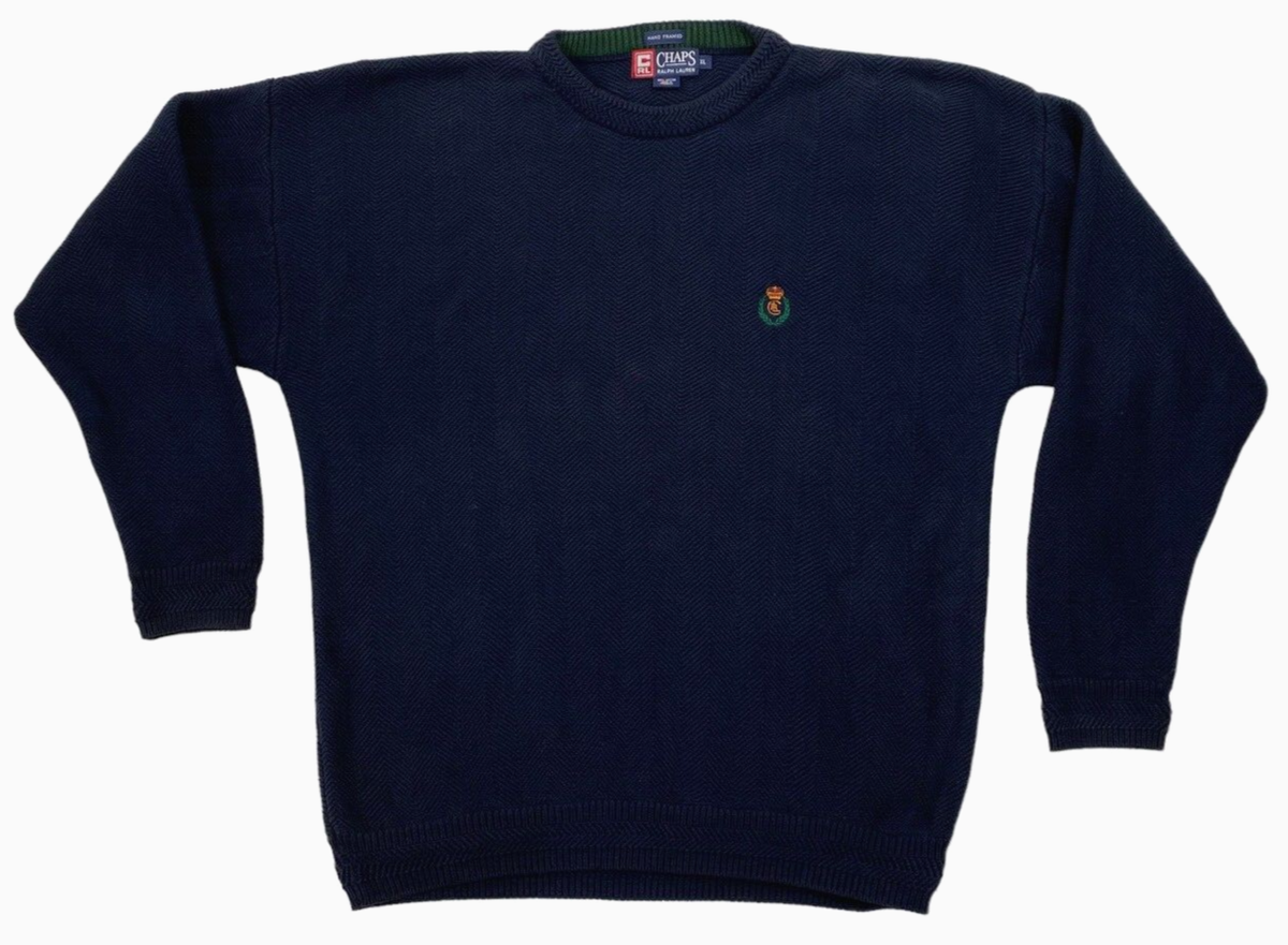 Chaps Ralph Lauren Herringbone Hand Framed Knit Sweater Men XL Blue 100%  Cotton