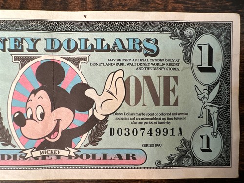 UN BILLETE DE $1 DISNEY 1990 CIRCULADO, DÓLARES DISNEY REALES SUERTE - MICKEY - CASTILLO - Imagen 6 de 10