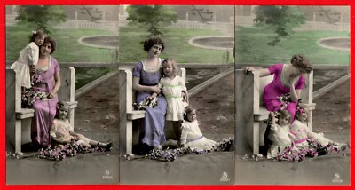 Children Photograph Circa 1910 Mother with Two Daughters - Three Motifs - 3 Postcards