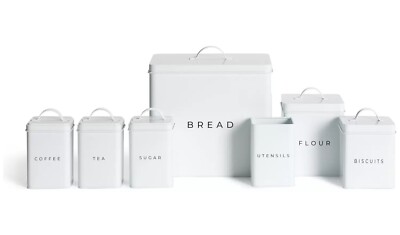 7 Stück Kanister Vorratsset Brotkasten Keksdose Tee Kaffee Zuckerdose weiß