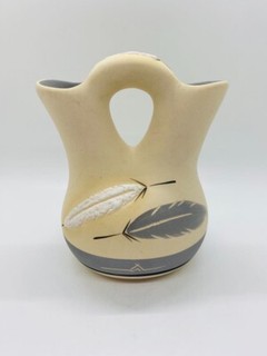 Pueblo Pottery Wedding Vase Signed Grey Feather Measures approximately 6” x 5”