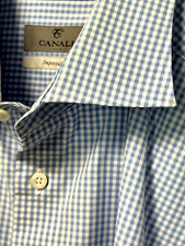 CANALI Mens Dress Shirt BLUE GINGHAM CHECK COTTON 16 32 SPREAD COLLAR SLIM