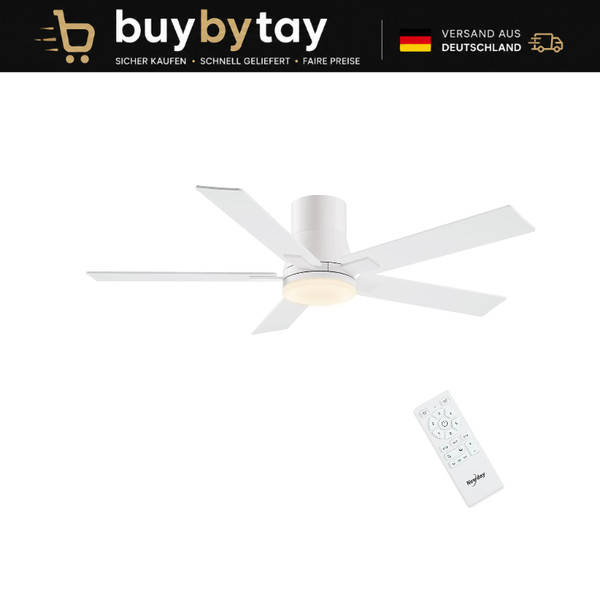 Deckenventilator 122Cm Weiß Flach Mit Beleuchtung Fernbedienung Leise 5 FlüGel-image