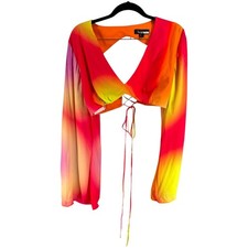 Nicole Miller Chakra Ombre Bra Top L Lace Up Back Bell Sleeve Cutout Festival