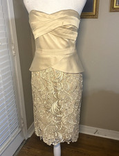 Adrianna Papell Strapless Champagne Lace Peplum Cocktail Dress Size 8 Wedding