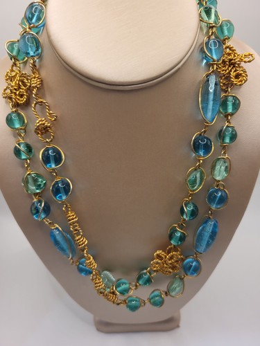 Aqua Teal Blue Glass Beads Wire-Wrapped Cages Swirl Gold Tone Accents Necklace