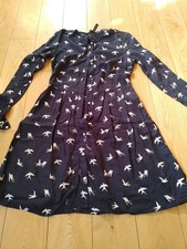 H&M 100% Viscise Navy with White Bird Print Shirt Dress Size UK 8 NEW
