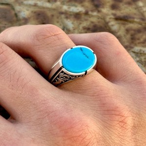 Authentic Classic Mens Turquoise Signet Ring 925 Sterling Silver Ring Gift For Men