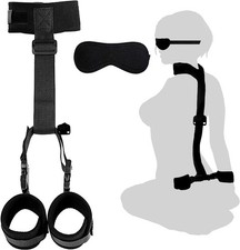 BDSM Neck to Wrist Restraints Bondage Set -Back Handcuffs Collar with Blindfold