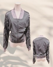 Vintage Tyler Boe Gray Pinstriped Twill Viscose Ruched Sleeves Bomber Jacket 10