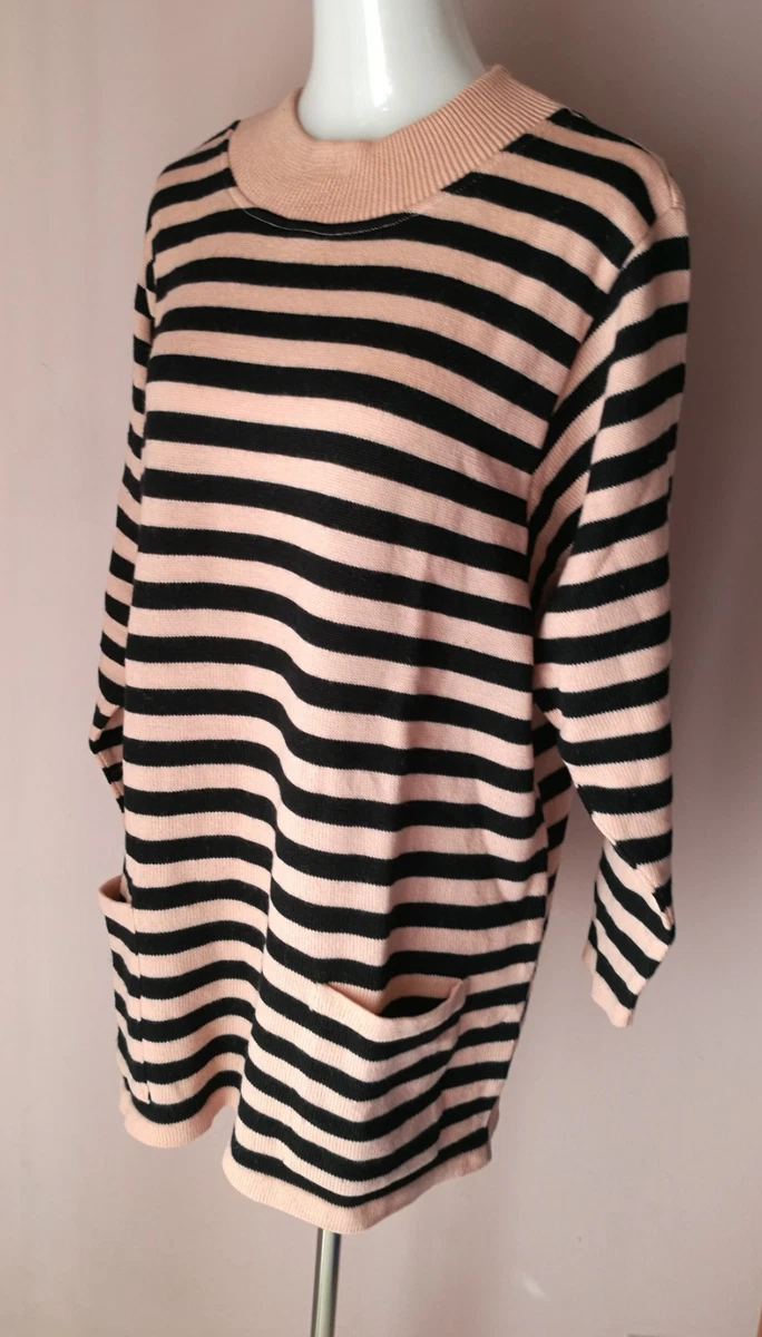 Maglione Donna In Cotone Leggero – Maniche Lunghe Girocollo – Righe Color Block Con Bordi Rosa/Rosso – Taglia M (Nero/Rosa)