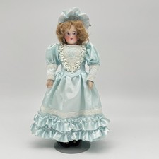 Victorian Porcelain Bisque Fashion Lady Doll Light Blue Satin Gown Bonnet 10"