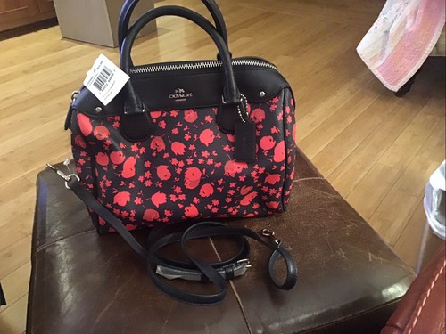 COACH Medium Satchel Bag With Floral Rose Print Leather Black/Red NWT
