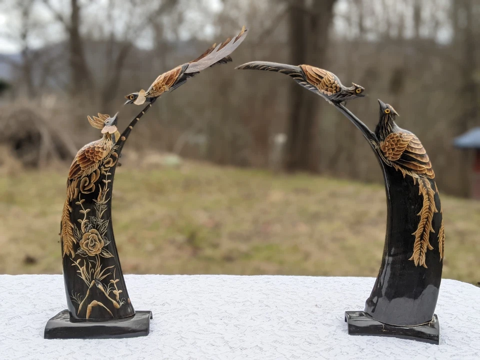 Par de pájaros fénix opuestos finos tallados a mano de 12" cuerno de buey negro estilo asiático Foto 3 de 4