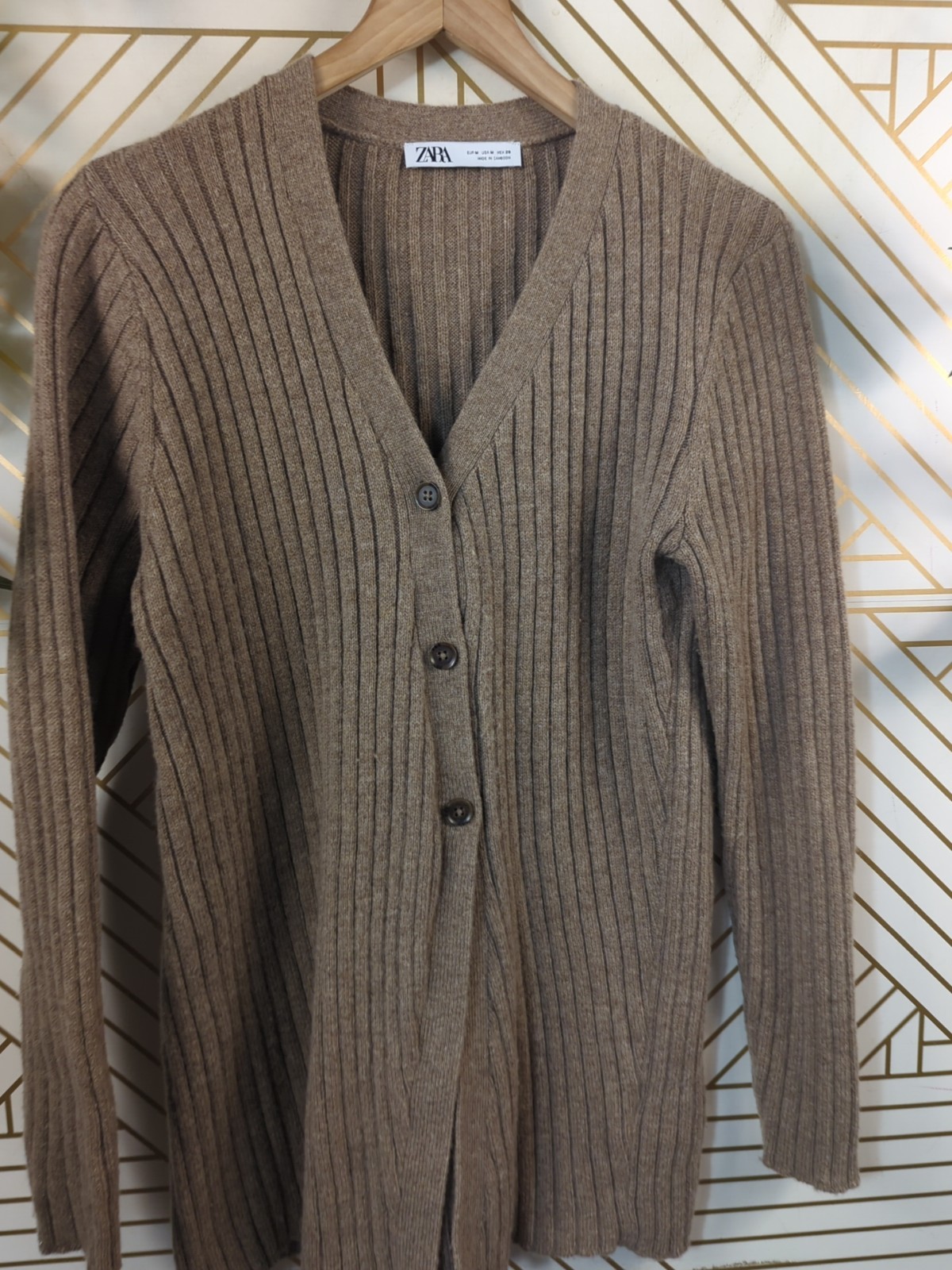 Zara Women's Tan Ribbed Full Zip Long Sleeve Sweater Blogger Asymmetric size Med image 2