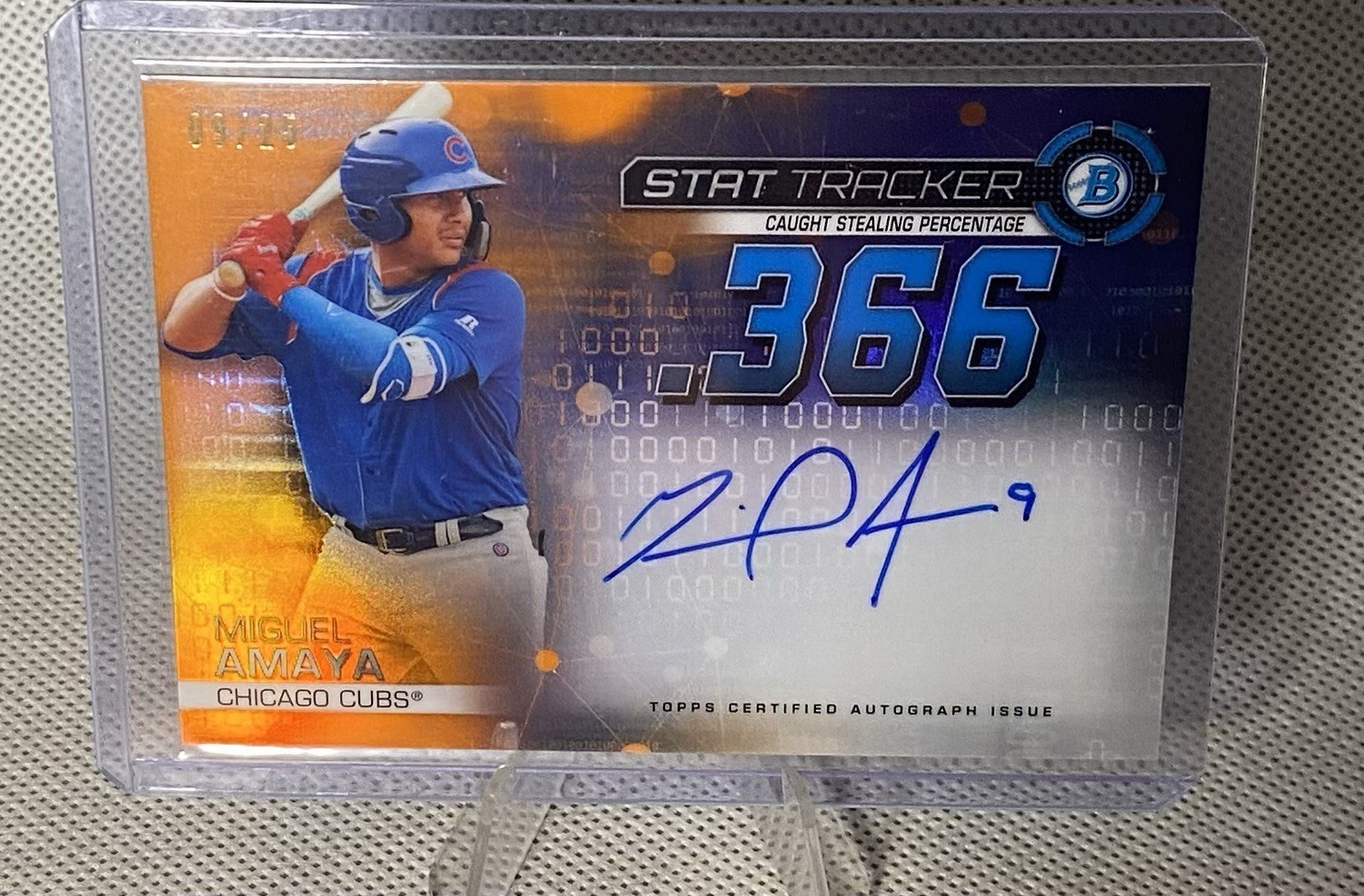 2019 Bowman Chrome Miguel Amaya Stat Tracker STA-MA Orange Refractor Auto 9/25