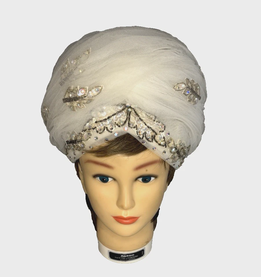 Vintage 1960's Christian Dior Chapeaux Toole Sequin Bead Turban Hat 21.5" EUC - Image 3 of 4