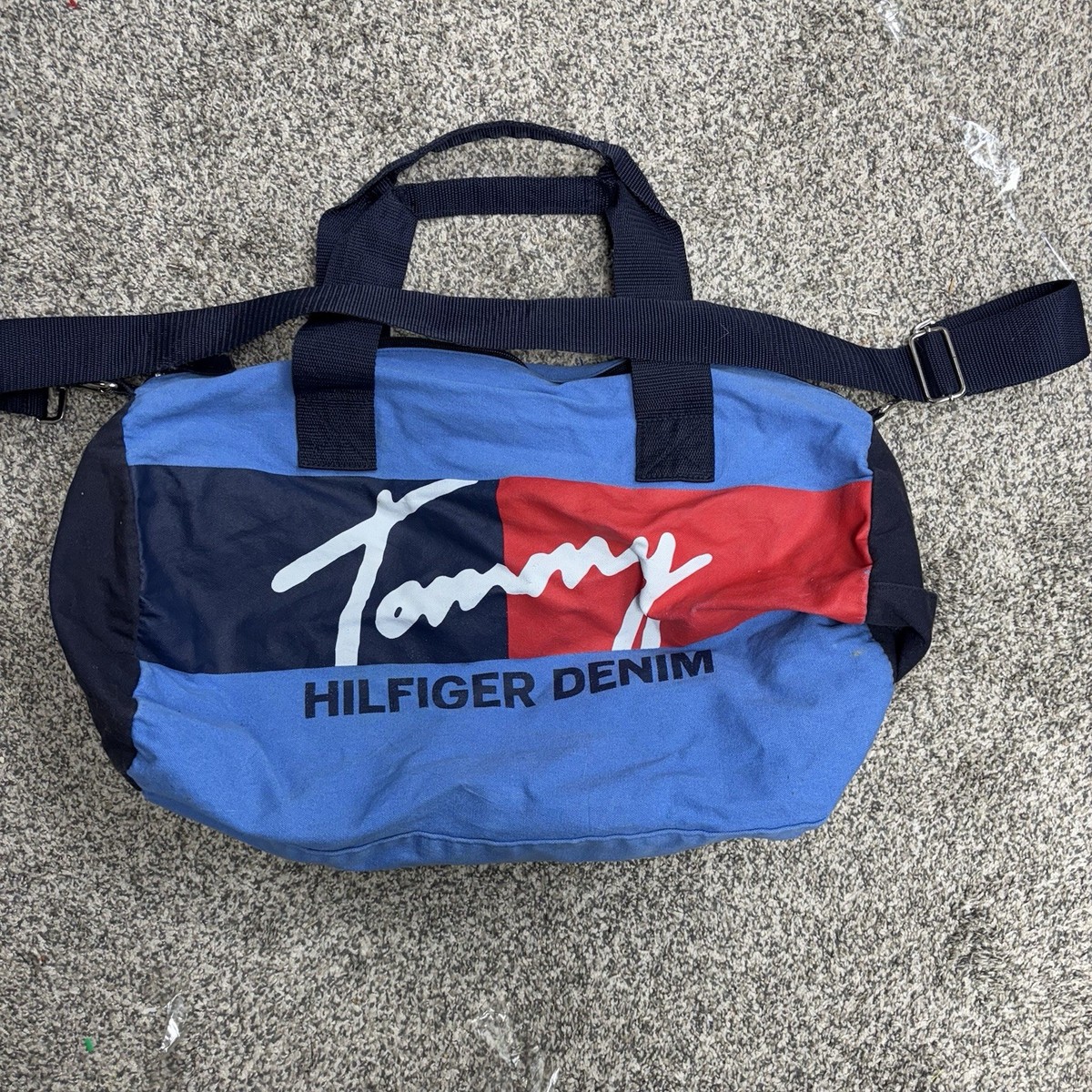 Vintage Tommy Hilfiger Duffel Bag Red Flag Logo Large Denim 90s 
