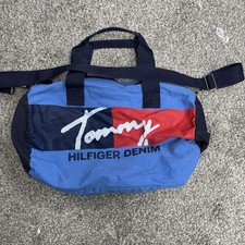 Vintage Tommy Hilfiger Duffel Bag Red Flag Logo Large Denim 90s Gym Travel