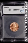 1950-D Lincoln Wheat Cent-ICG MS 66 RD Choice Gem BU No Reserve #SLL910